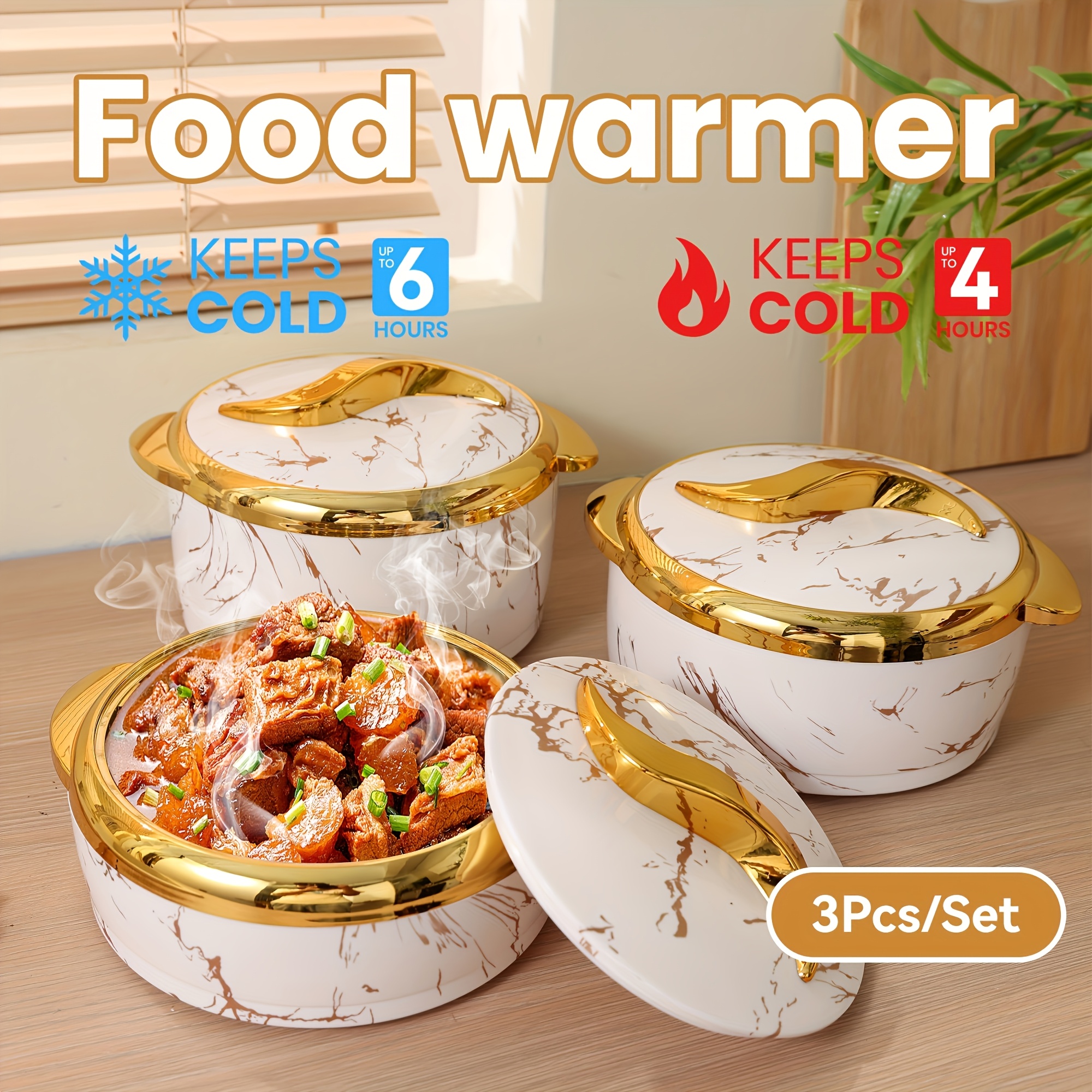 

3pcs Food Warmer Set - Elegant White & Design, Insulated Stainless Steel Containers (1.5l, 2l, 2.5l) With Lids - Food Hot For , Cold For - Ideal For Buffets, Hot Pots & Casseroles