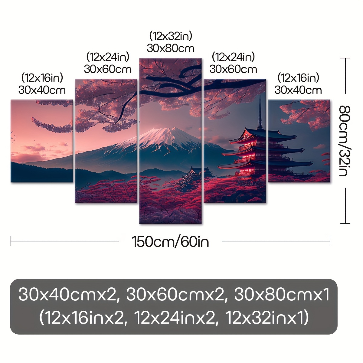 2D Plat 5 stuks Lijst Fuji Sneeuwberg Sakura Boom Canvas Poster