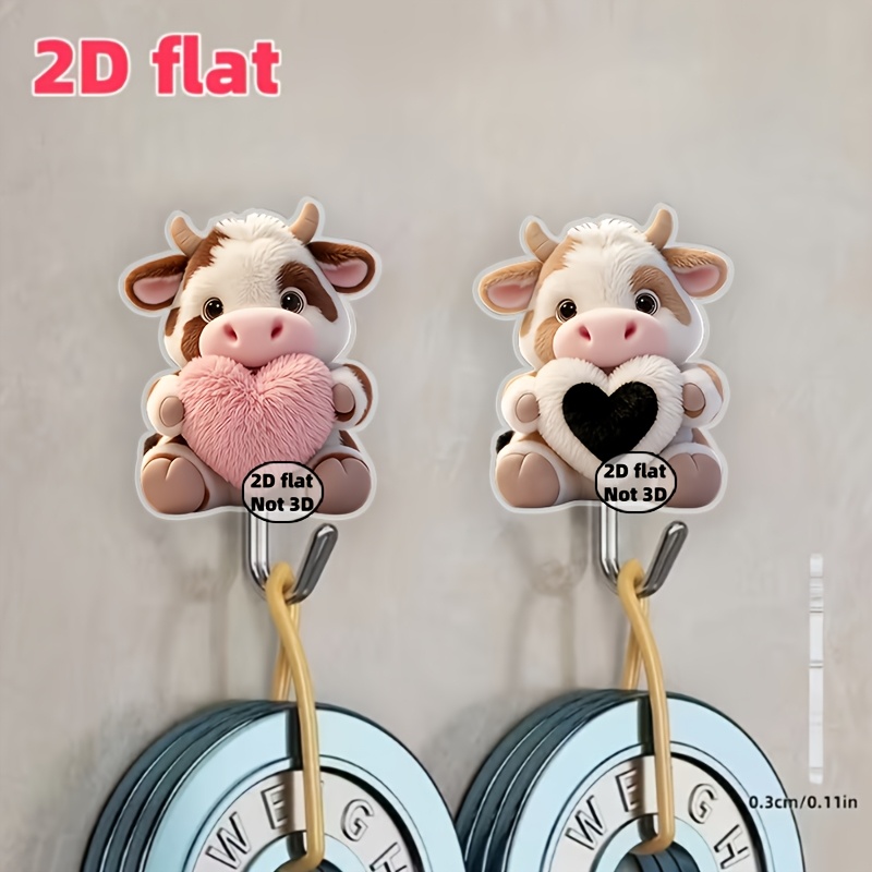 TEMU 2pcs Set Of 2d Flat Auxiliary Hooks, Cute Cartoon Cow Holding A Heart-shaped Pattern Self-adhesive Hook Decoration, Suitable For Hanging And