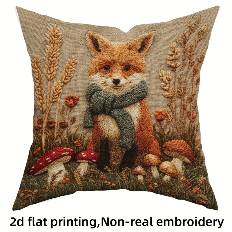 TEMU 2d Flat - 1pc Fox And Forest Animal Decorative Pillow Cover - Beige/brown Modern Cushion Cover With Zipper, 2d Flat Printed Sofa Bed Decoration,