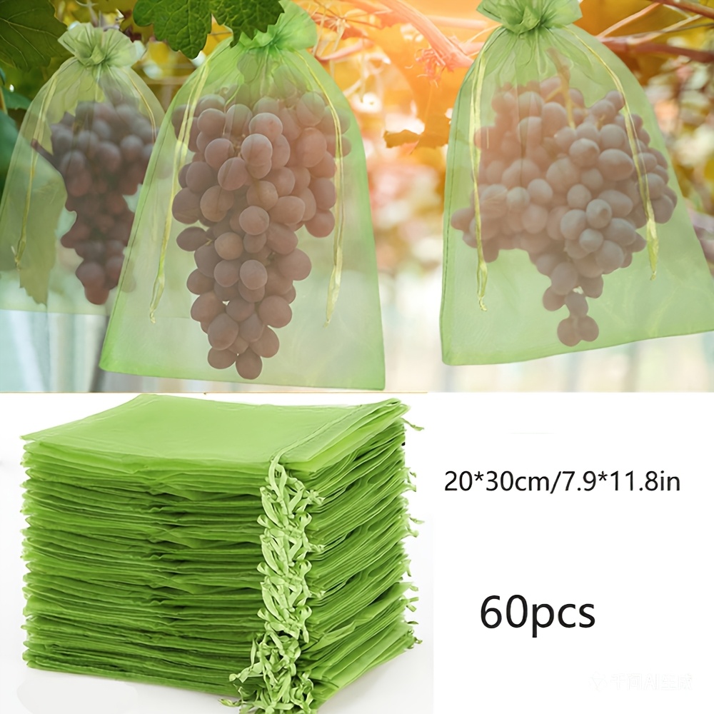 Image of 60pcs Fruit Protection Bags, Netting Bags For Trees, Green Mesh Bags With Drawstring For Fruits Trees Reusable And Breathable Mesh Netting Planting Bags, Seed Pouches, Essential For Gardening And