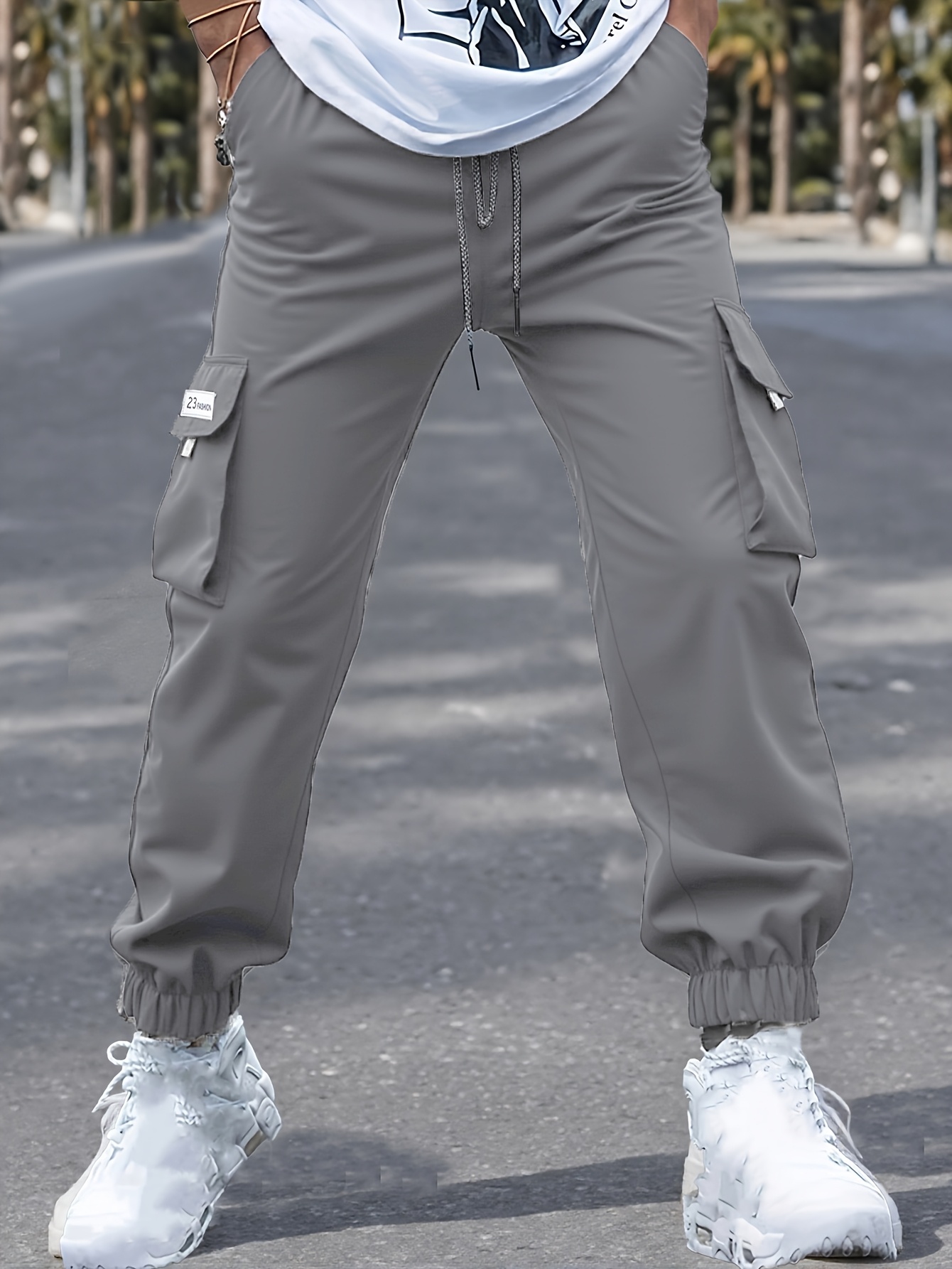 men's plus size gray cargo pants streetwear style non - Temu