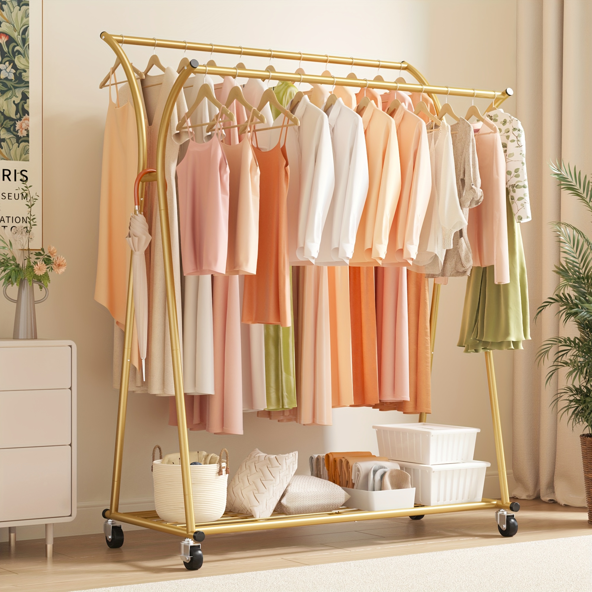 

Clothing Rack Heavy Duty Clothes Racks For Hanging Clothes 270lbs Golden Clothing Rack With Wheels Portable Clothes Rack Double Rod For Hanging Clothes Hanger Rack 69''h*52''w*20''d