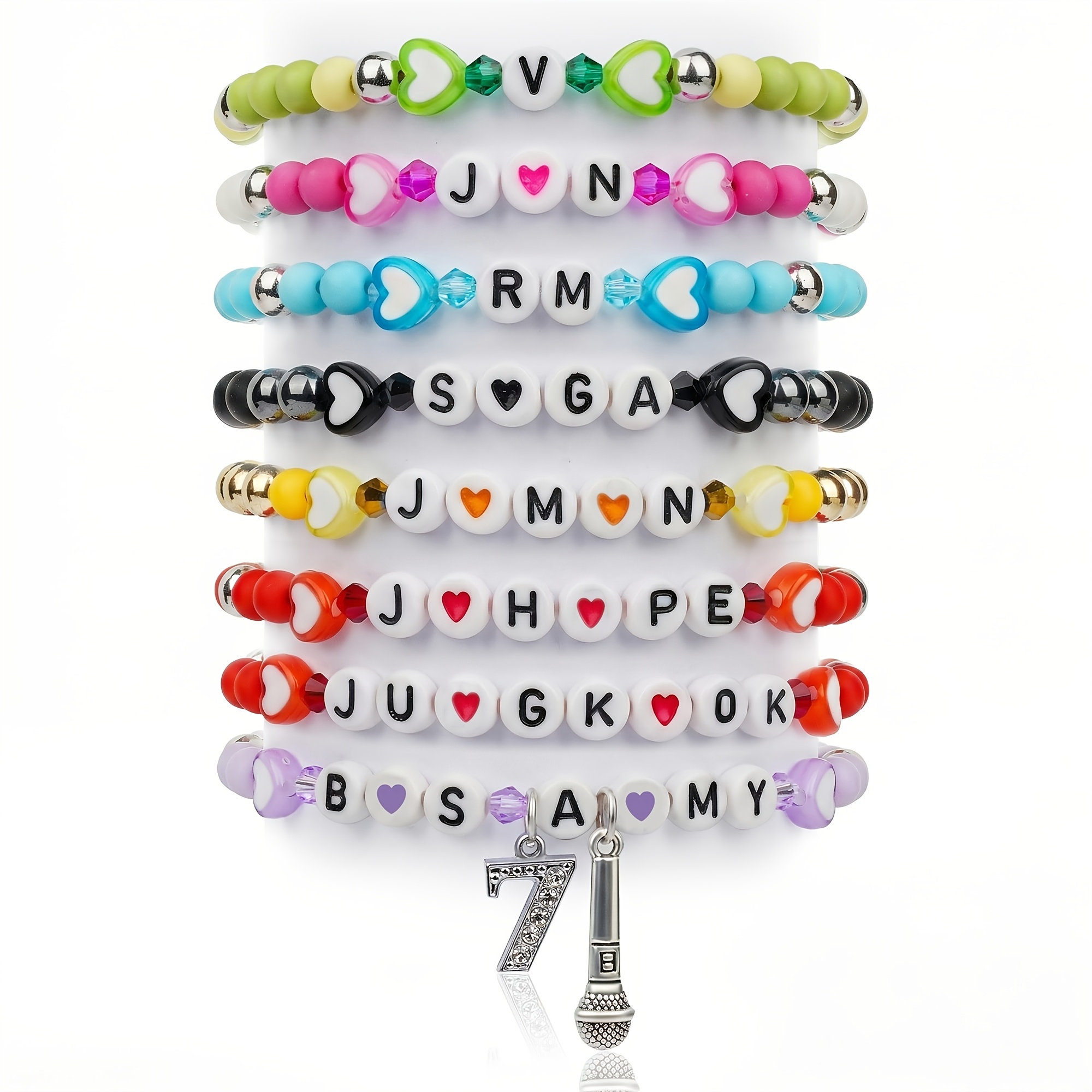 TEMU Conjunto de 8 pulseiras elásticas coloridas com contas para bandas coreanas, com contas de letras de , inspiradas nas pulseiras dos fãs de .