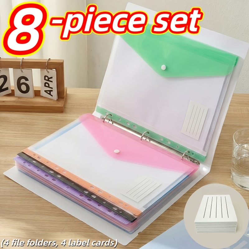 TEMU 8pcs A4 File Folders With Buttons, 4 File Folders + 4 Label Cards, 11-hole Binder Pockets, Thickened Pvc Material File Organizer With Locking