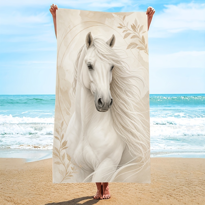 TEMU 1pc Beach Towel, Exquisite White Horse Print Large Size Beach Towel, Soft, Absorbent, And Quick-drying Beach Towel, For Seaside Vacations,