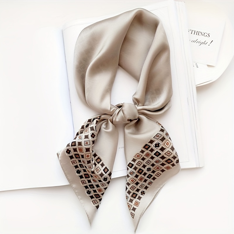 Coffee-colored Geometric Pattern Square Scarf, Multi-functional Use, Satin Material, Suitable For , Fashion Item