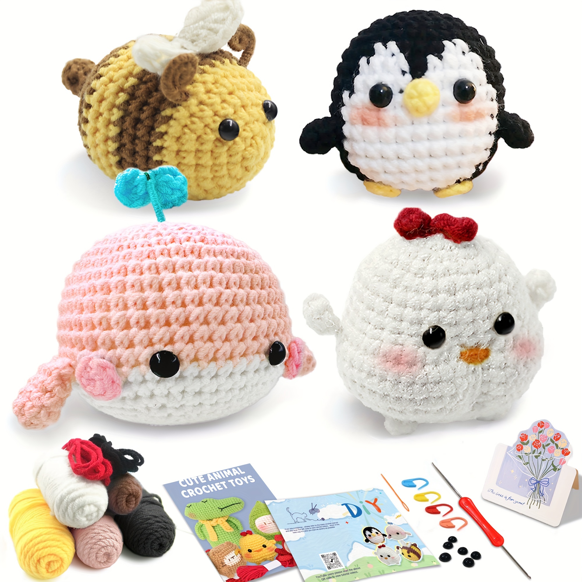 

Crochet Kit For Beginners-4 Pack Whale Chick Penguin Bee Crochet Animal Easy Learn To Starter Amigurumi Knitting Kit And Yarn Craft Kits For Festival Adults Diy With Step-by-step Video Tutorials