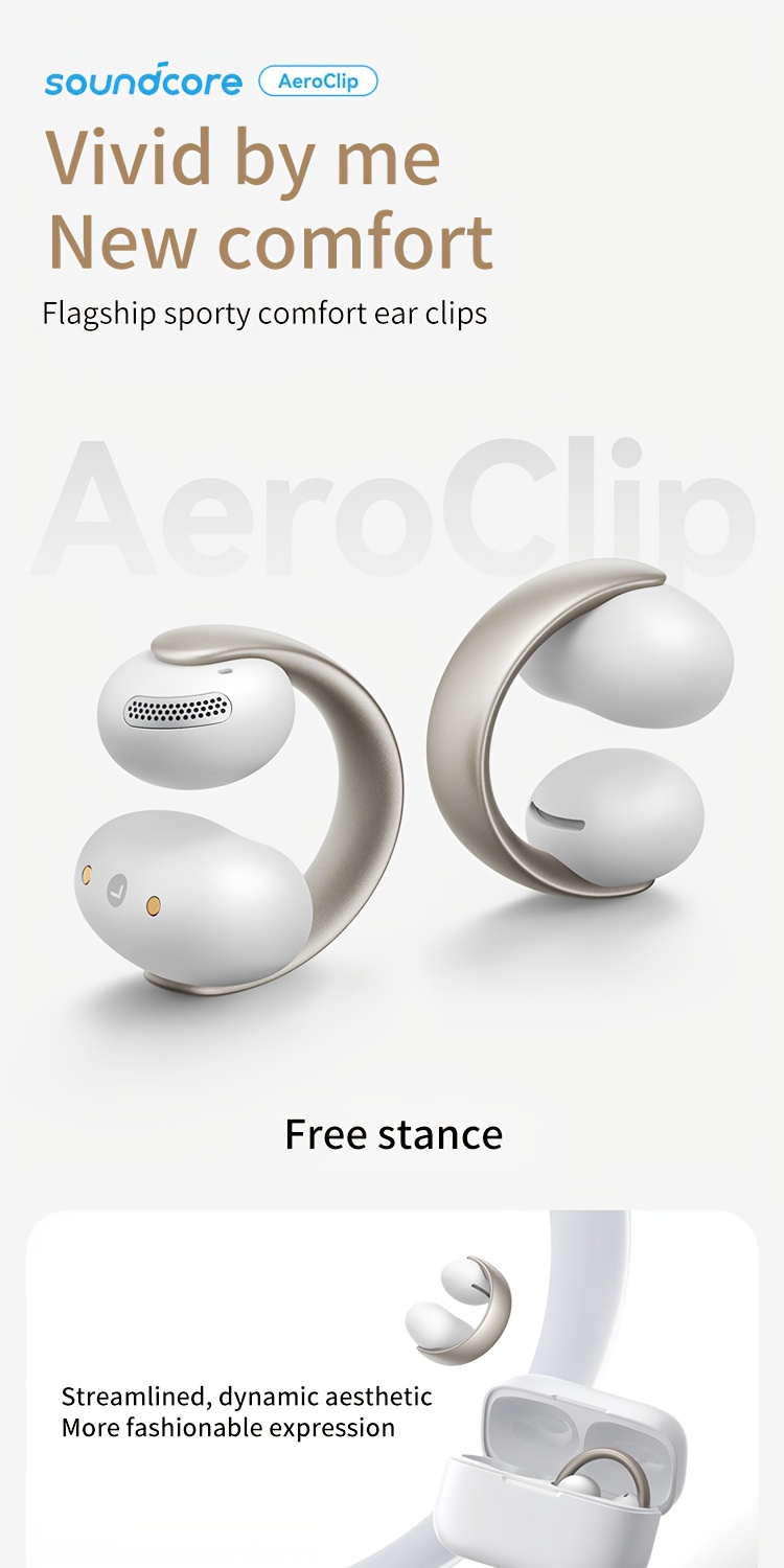 Soundcore AeroClip van Anker, Clip-on Oordopjes, Open-ear Ontwerp, Adaptief Comfort, 4 Microfoons met AI voor Helder Gesprek, 12mm Drivers voor Krachtige Bas, Open-loop Ontwerp, Sportieve Hardloopoordopjes met Botgeleiding Concept, Niet-insteek Ontwerp Compatibel met Alle Telefoons