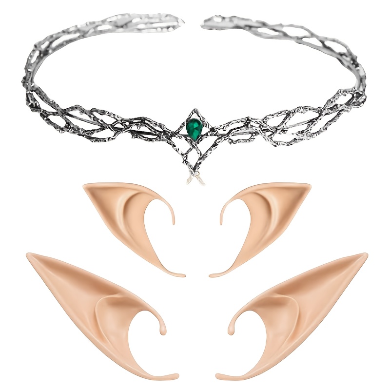 Image of 1 Set Elf Ears With Crown Set, Includes 1pc Crown And Elf Ears, Soft Fairy Ears And Crown Headband For Women Halloween Cosplay Costume Party