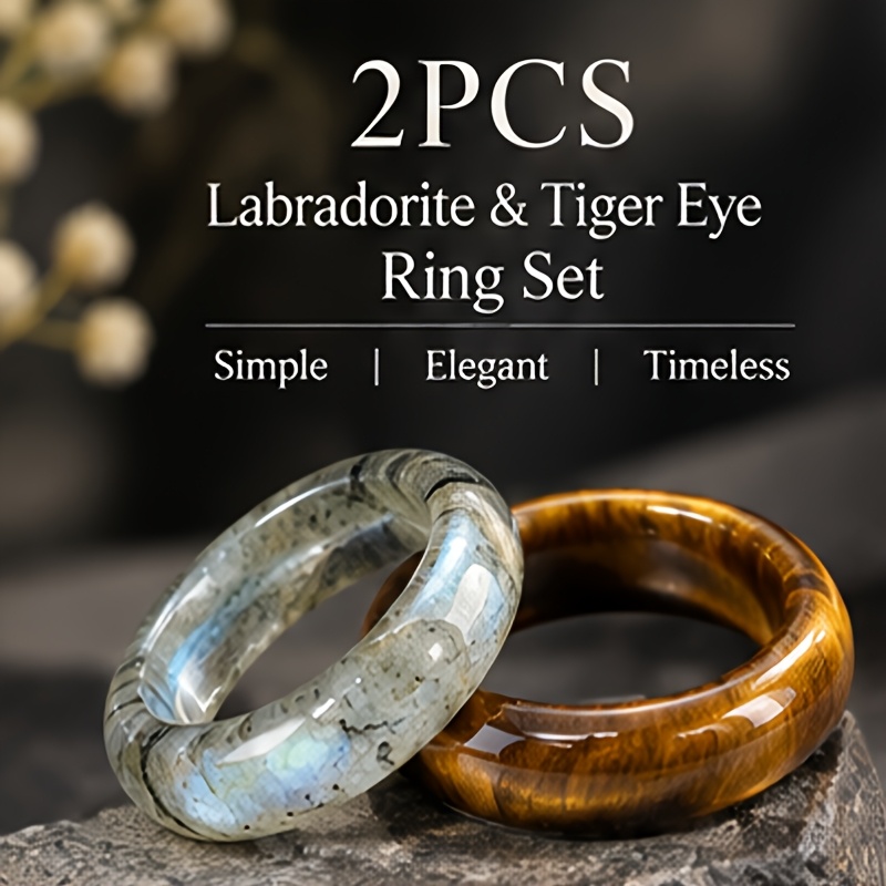 2pcs Elongated Tiger Eye Stone Rings, Exquisite Gift