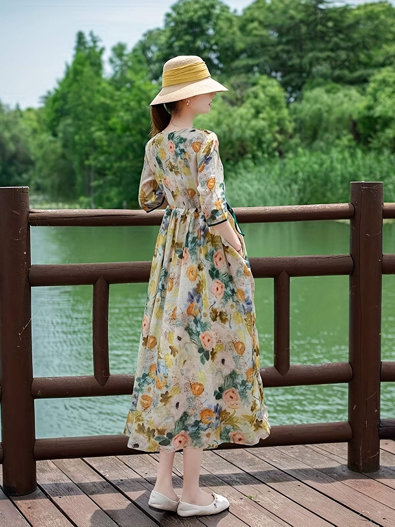 new printed literary dress drawstring waist knee length - Temu Mauritius