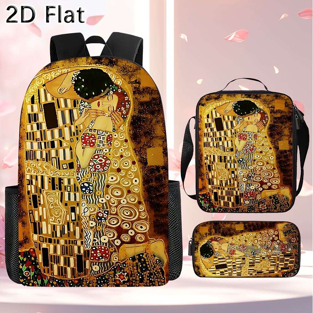 TEMU 3pcs Klimt Backpack & Lunch Bag Set - Vintage Bags With Pouch, Stylish Lunchbox Holder Suitable For Travel, Daily Use, Klimt-themed Gift,design,