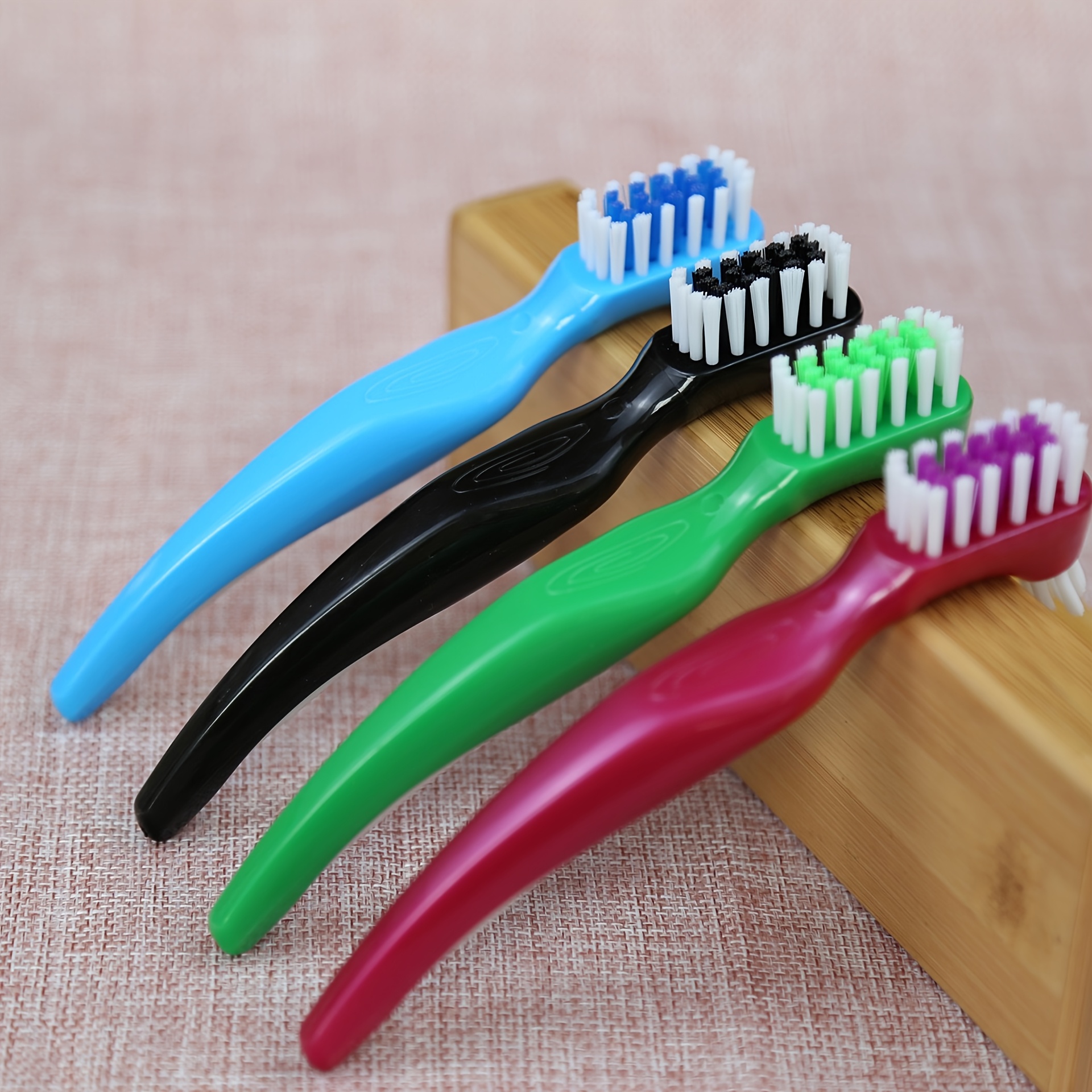 Image of 4packs Dual-head, Denture Brush, Medium To Hard Brush For Dentures, Double Sided, Dual Bristle Heads, Multible Layered Bristles Random