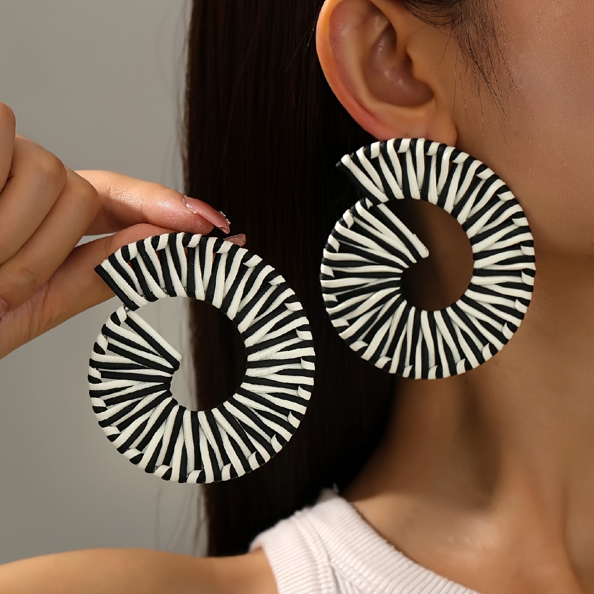 

Handcrafted -chic Black & White Zebra Spiral Hoop Earrings - Vintage Leather With Stainless Steel Posts, Ideal For & Gifting, Quirky Earrings