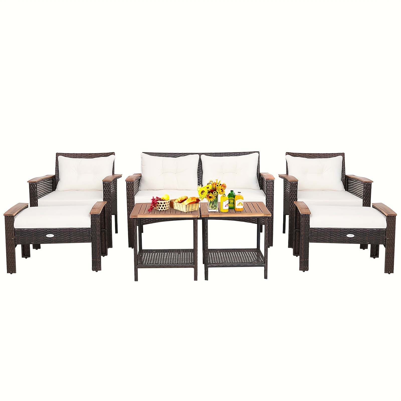 

7pcs/set Modern Patio Rattan Furniture Set, Cushioned Loveseat, Sofa, Ottoman, And Table With Sturdy Frame & Elegant Design For Outdoor Garden Deck