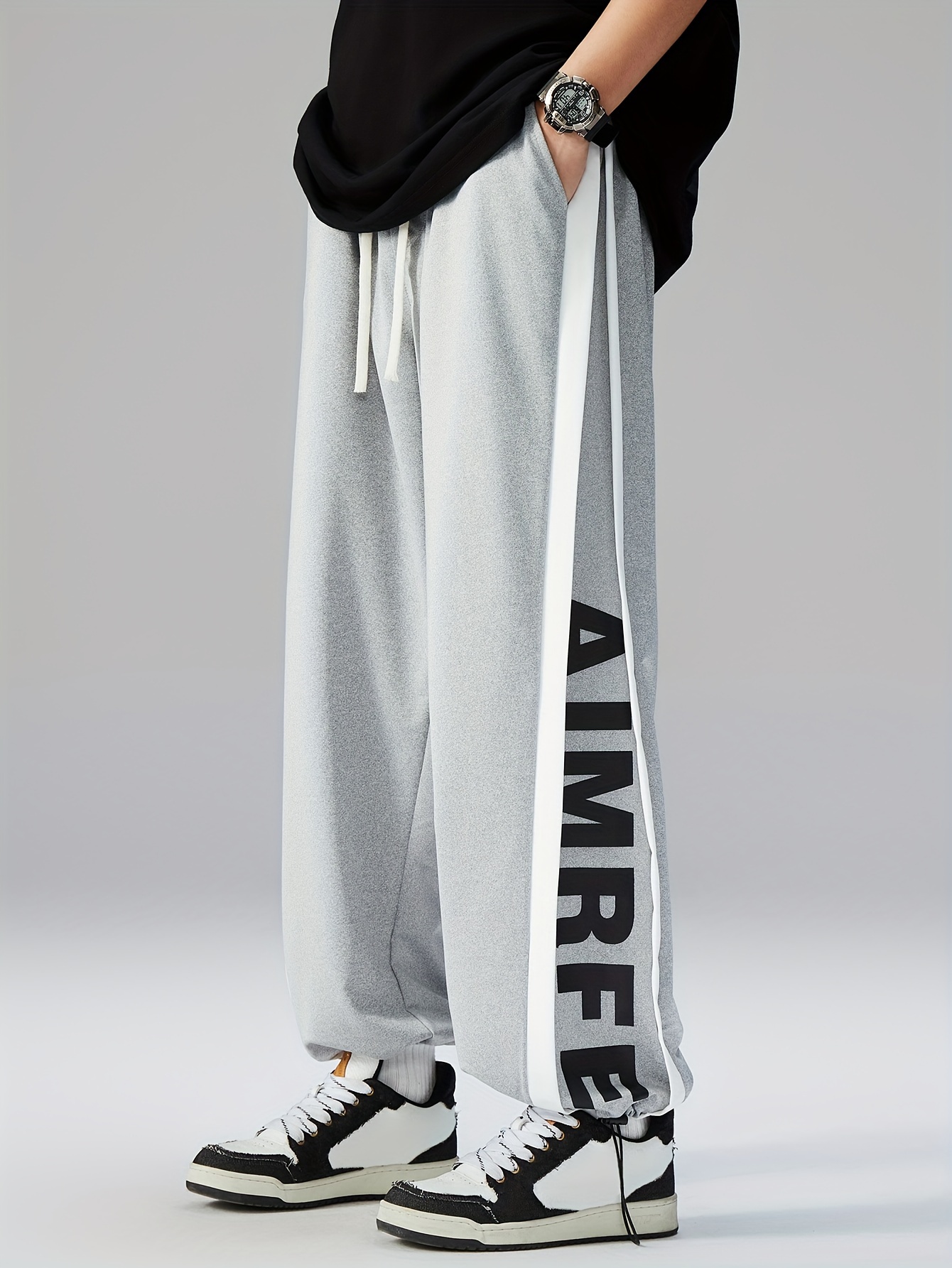 *'s Oversized Harem Pants Plus Size Wide-Leg Trousers with White Stripe  Drawstring Waist Casual Athletic Wear, Machine Washable Loose Pants 