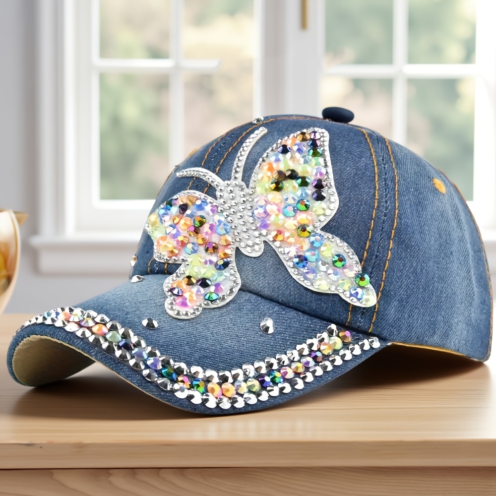 TEMU Colorful Hotfix Rhinestones-studded Trendy Women's Baseball , Street-style Stylish Washed Denim Women's Hat, A Gift For , A Versatile Casual Hat