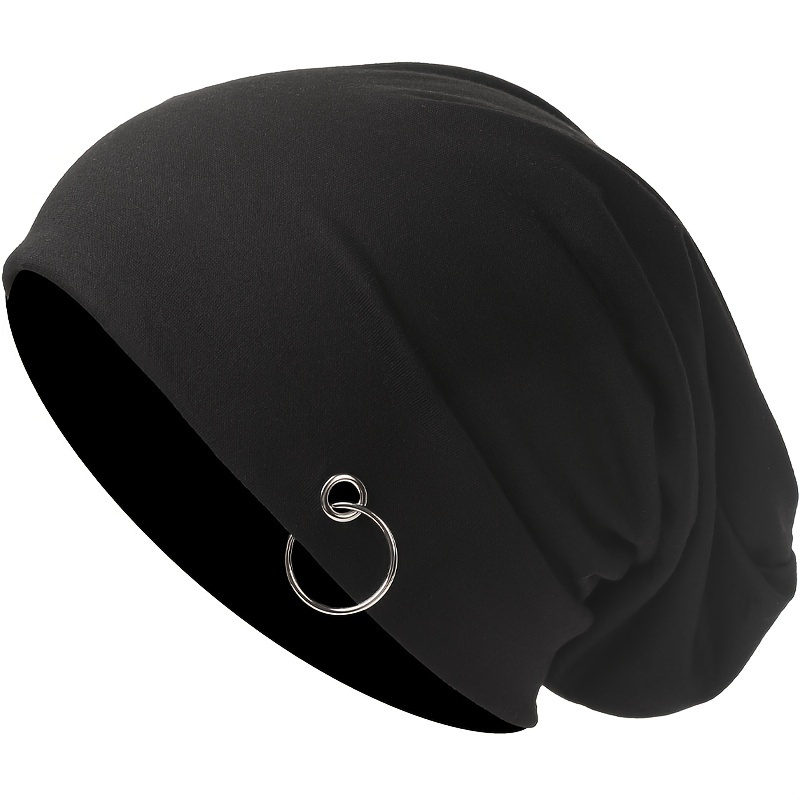 Solid Color Double-layer Fashion Beanie, Hip-hop Street Dance Thin Hat With Silvery Ring, Headscarf Cap, Full-coverage Hat, Women's Chemotherapy Cap, Outdoor Sports Cycling Warm Hat