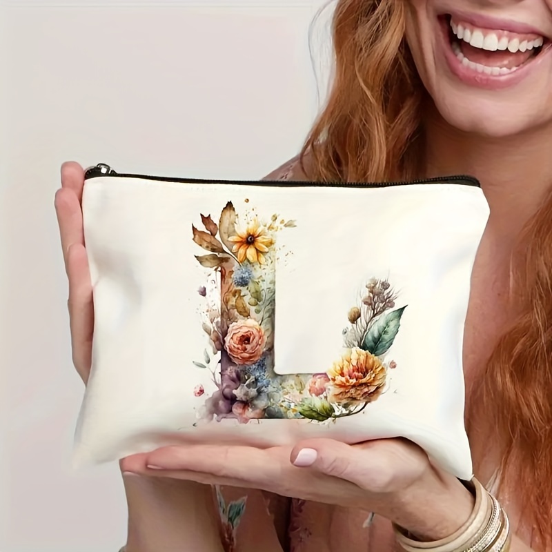 Alphabet Floral Canvas Pouch, , Cosmetic Bag, Clutch, Toiletry Bag, Pen Case, Gift Bag, Ideal For Mothers, Daughters, , Teachers, Essential For Graduation, And Holidays