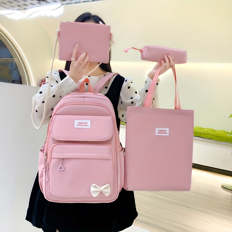 Juego de bolsos para mujer, set de 4 piezas: mochila, estilo académico, en colores negro, rosa, azul, verde y amarillo, tela Oxford, con correas ajustables y cierre de cremallera, forro de poliéster