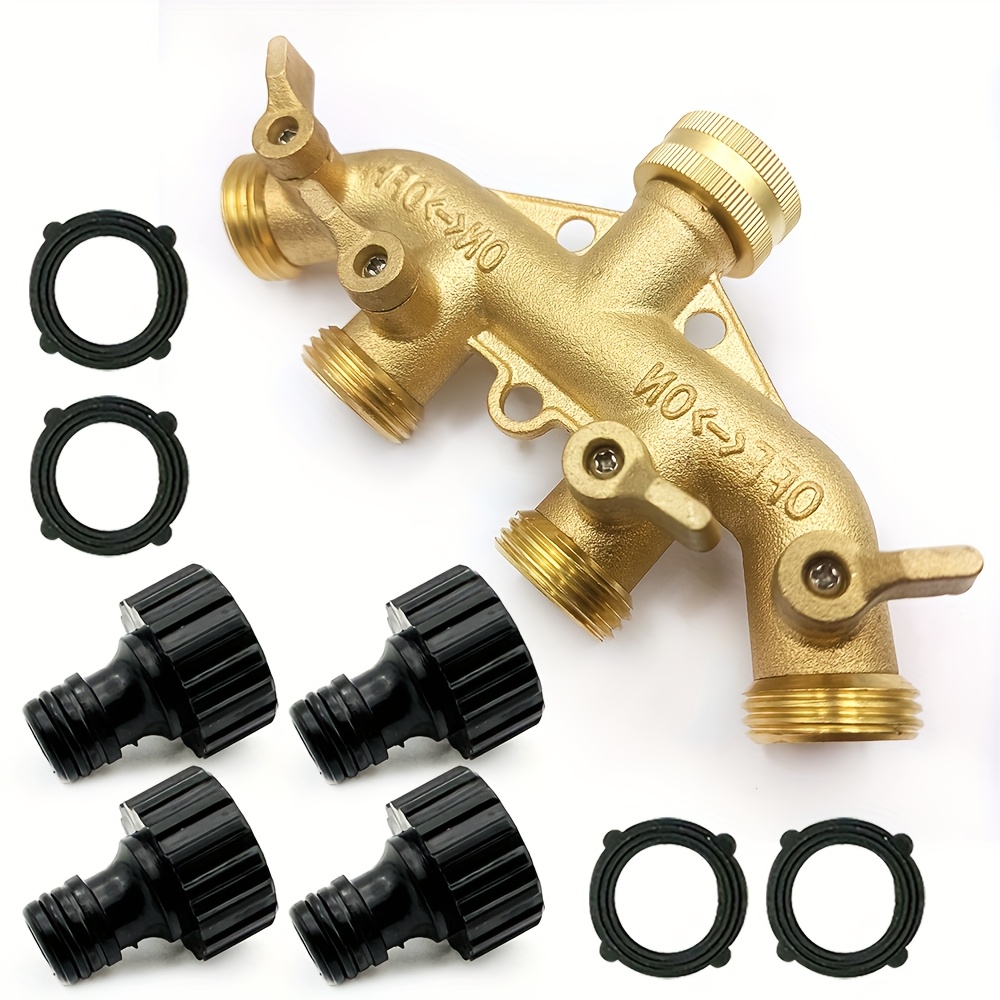 9pcs, Eu Standard Garden Hose Solid Brass Splitter *1 (2-styles ) & Plastic Quick Connector *4 & Rubber Washer *4, 3/4" Threaded Connect