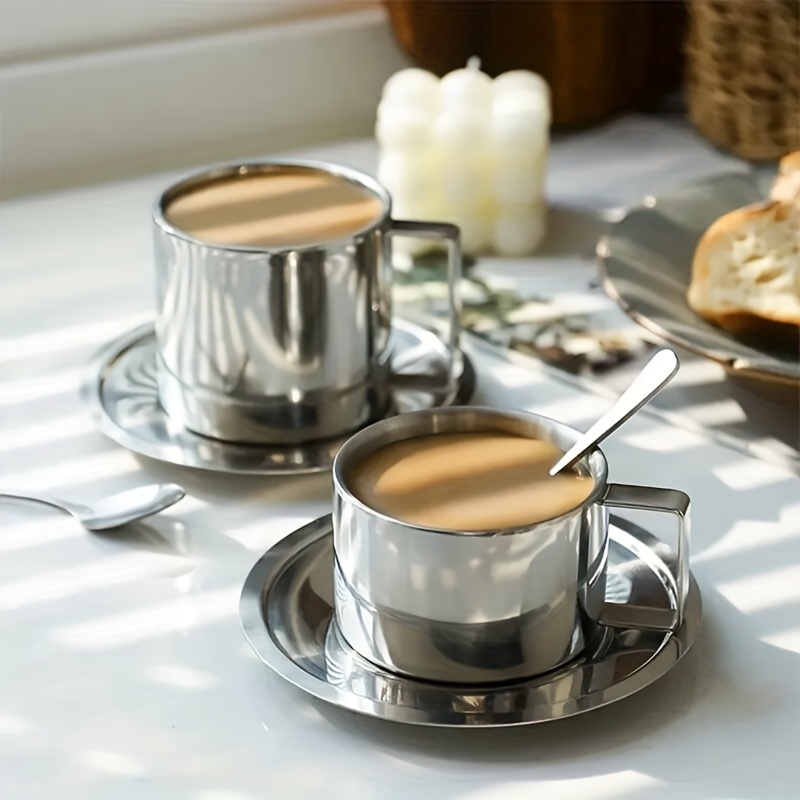 

1pcs 304 Stainless Steel Double Wall Insulated Coffee Mug Set With Spoon And Saucer For Home, Cafe, Restaurant - 200ml/280ml Creative Thermal Milk Cup Suite