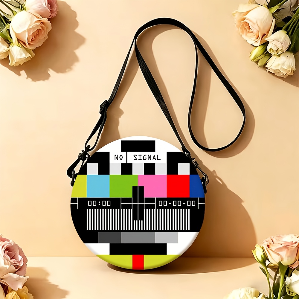 TEMU Test Pattern Crossbody Bag - Vintage Round Handbag With Adjustable Strap & Zipper Closure, Machine Washable Suitable For Daily Use, Casual