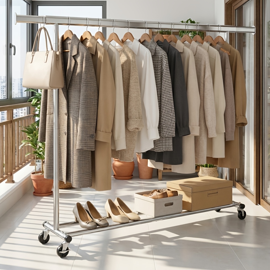 TEMU Portant à vêtements robuste sur roulettes, tringle à linge roulante extensible avec tige de suspension, portant à vêtements portable avec