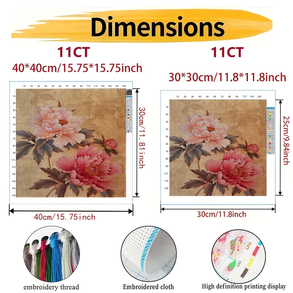 11CT Printed DIY Cross-Stitch Kit, Fine Peony Floral Pattern