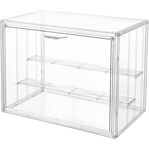 3 tier acrylic display case with magnetic door and stackable design for figures models and dolls adjustable collectible display rack transparent organizer with dividers shelf and window display