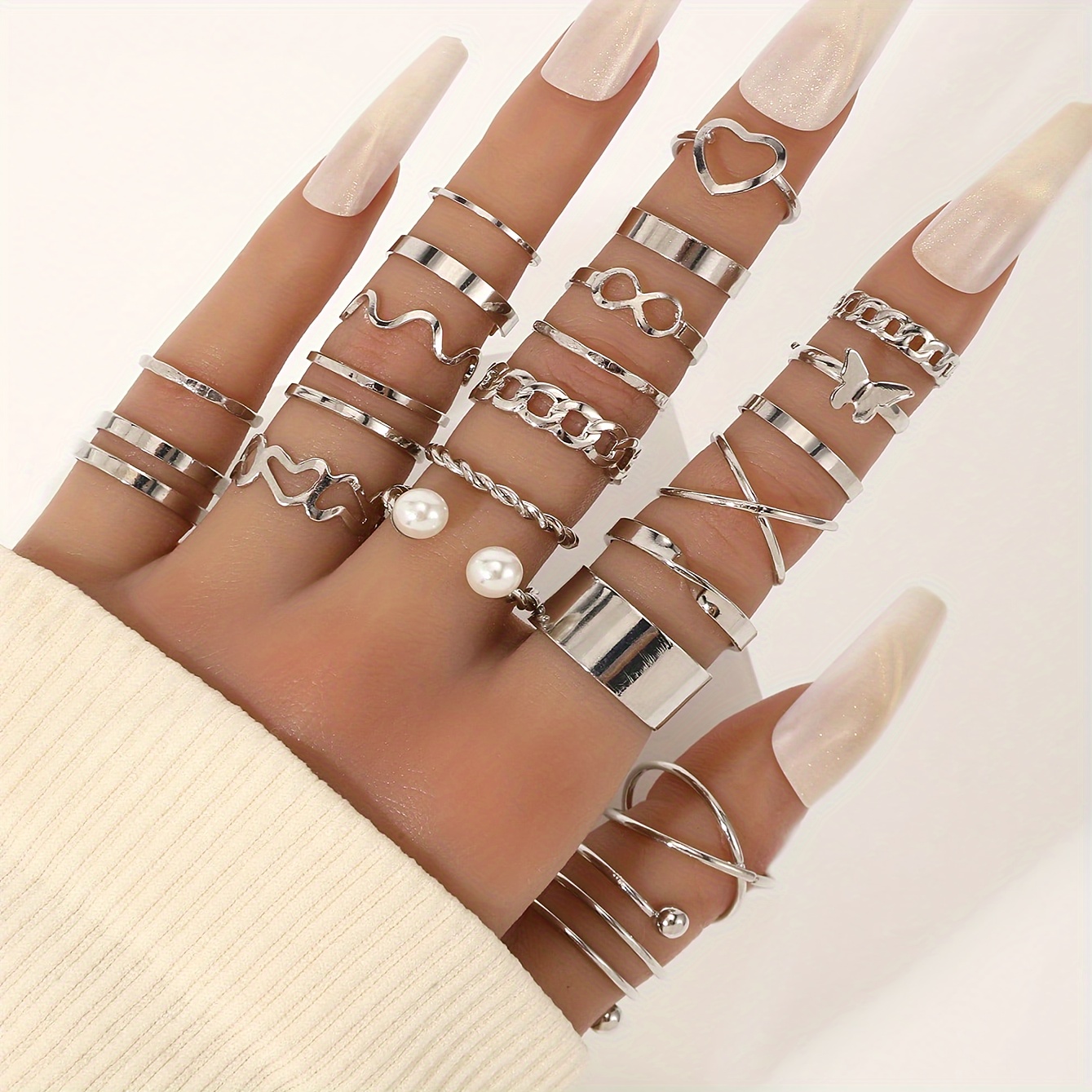 22-Piece Fashion Stackable Rings Set, Vintage Punk Style, Faux Pearl Inlays, Versatile for Daily Wear, Parties, Casual Vacation, Perfect Gift for Women, Zinc Alloy, Heart Theme, All-Season Accessory