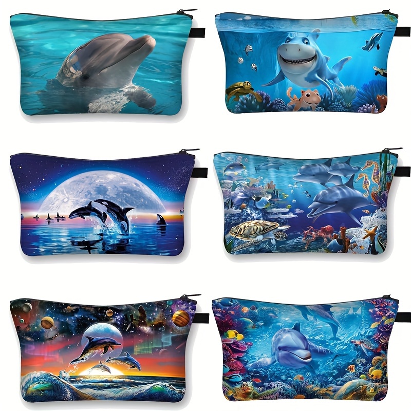 

Waterproof Polyester Cosmetic Bag Set - Dolphin & Marine Life Print, Unisex-adult Travel Toiletry Pouch With Durable Zipper, Large Capacity, Unscented Clutch For Makeup And Accessories