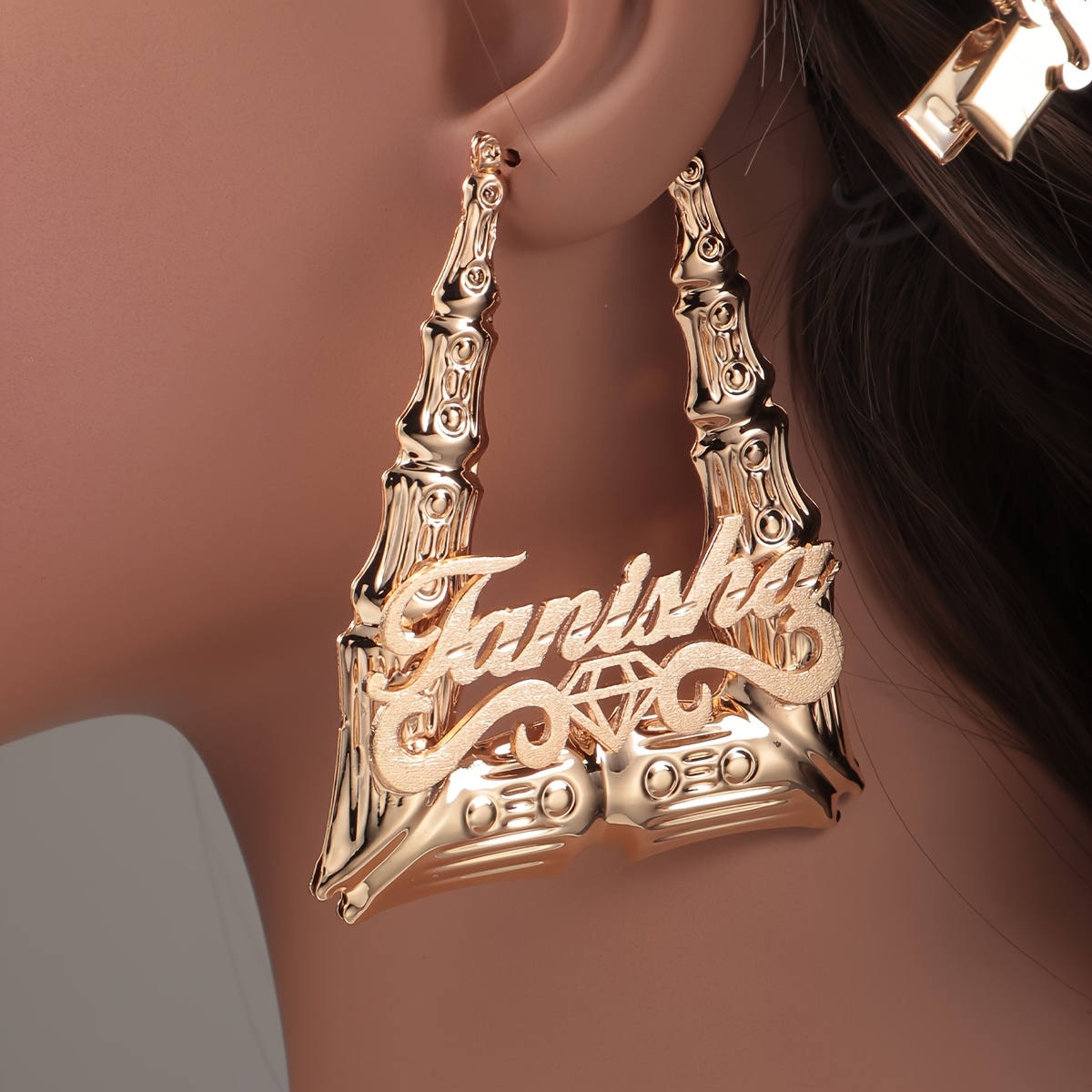 

Personalized Custom Name Bamboo Earrings, 18k Golden Plated Copper, Hip Hop Style And Symbols, Daily & Gift , Christmas Holiday Suitable, No Power Supply Needed