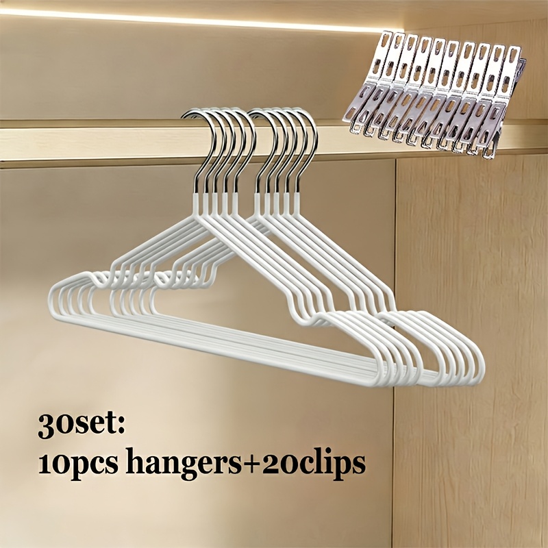 E-shop 30 robuste Edelstahl-Kleiderbügel mit Anti-Rutsch- und gerillten Kunststoffhaken (10 Bügel + 20 Clips) - Ein farbenfroher