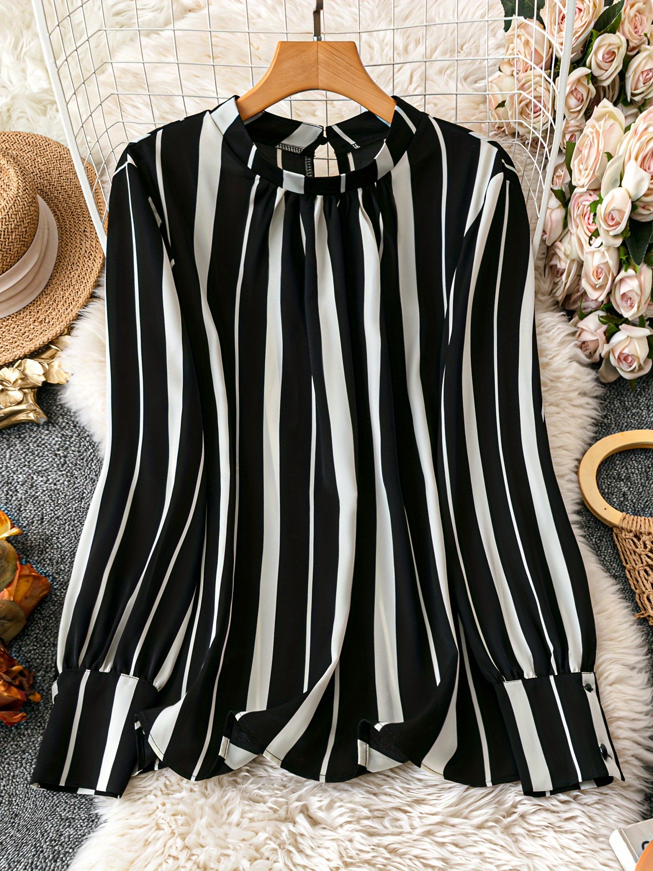Ladies Tops Black And White Striped Tunic Tops Stripe Print Women