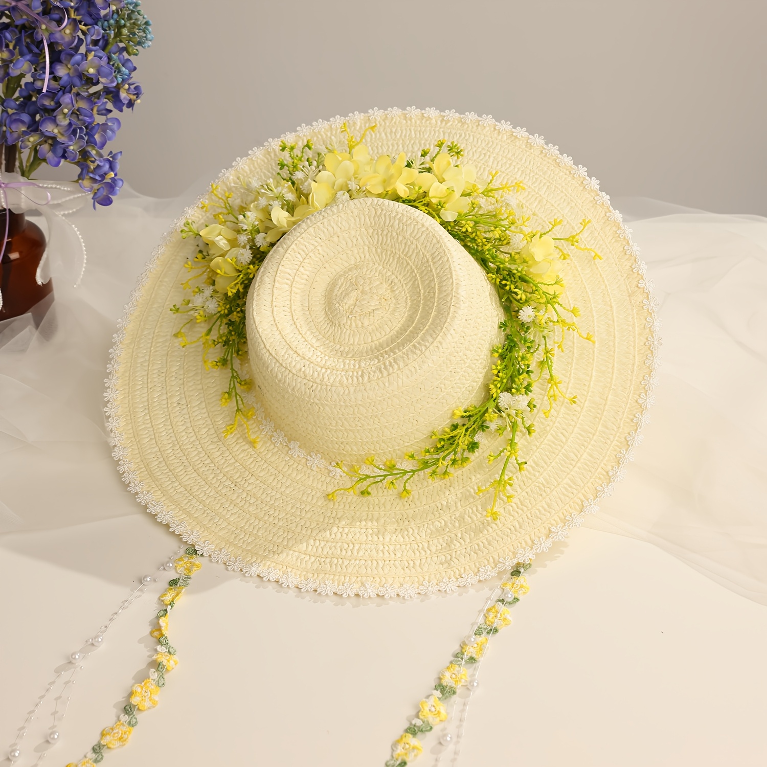 TEMU Chapeau de paille avec fleur de colza artificielle jaune , chapeau de soleil pour femme avec ruban à fleurs et cordon de serrage pour la solaire
