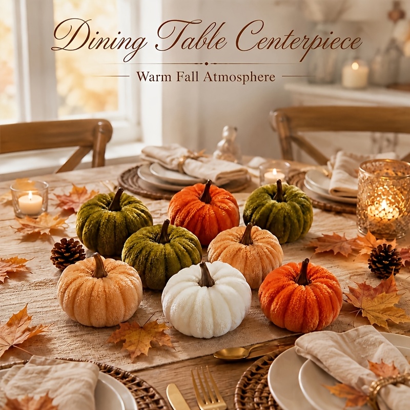 TEMU 8pcs Random Color 5cm Mini Plush Pumpkin Decorations, Random Autumn Colors, Soft Fabric Pumpkins For Tabletop, Mantel, Tray And Harvest Decor