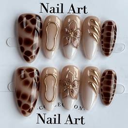 10pcs brown nails almond shape flirty y2k crocodile print fall winter nail art flower handmade short length false nails simple versatile for daily wear and holidays removable press on nails nail extensions nail supplies
