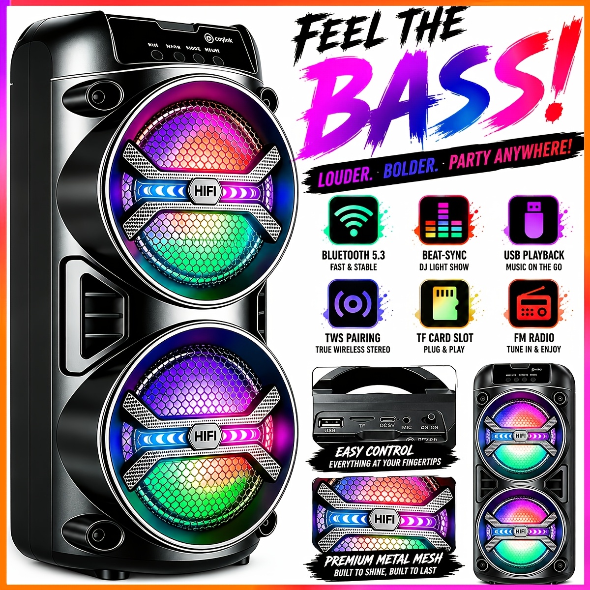 TEMU Portable Wireless Speaker Retro Style - Subwoofer Multicolor, Bluetooth Speaker, Led Speaker Supports Fm/tws/mic/se/ip, Tf Card, Usb Type-c Loud