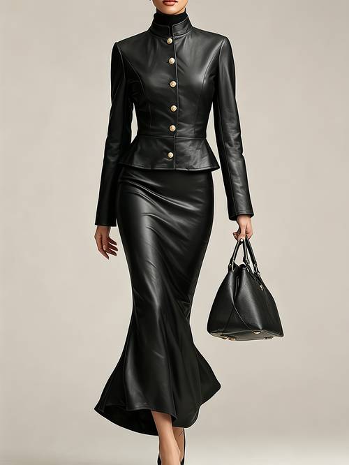 item picture new versatile fashion casual elegant long sleeve front single button stand collar top and skirt suit