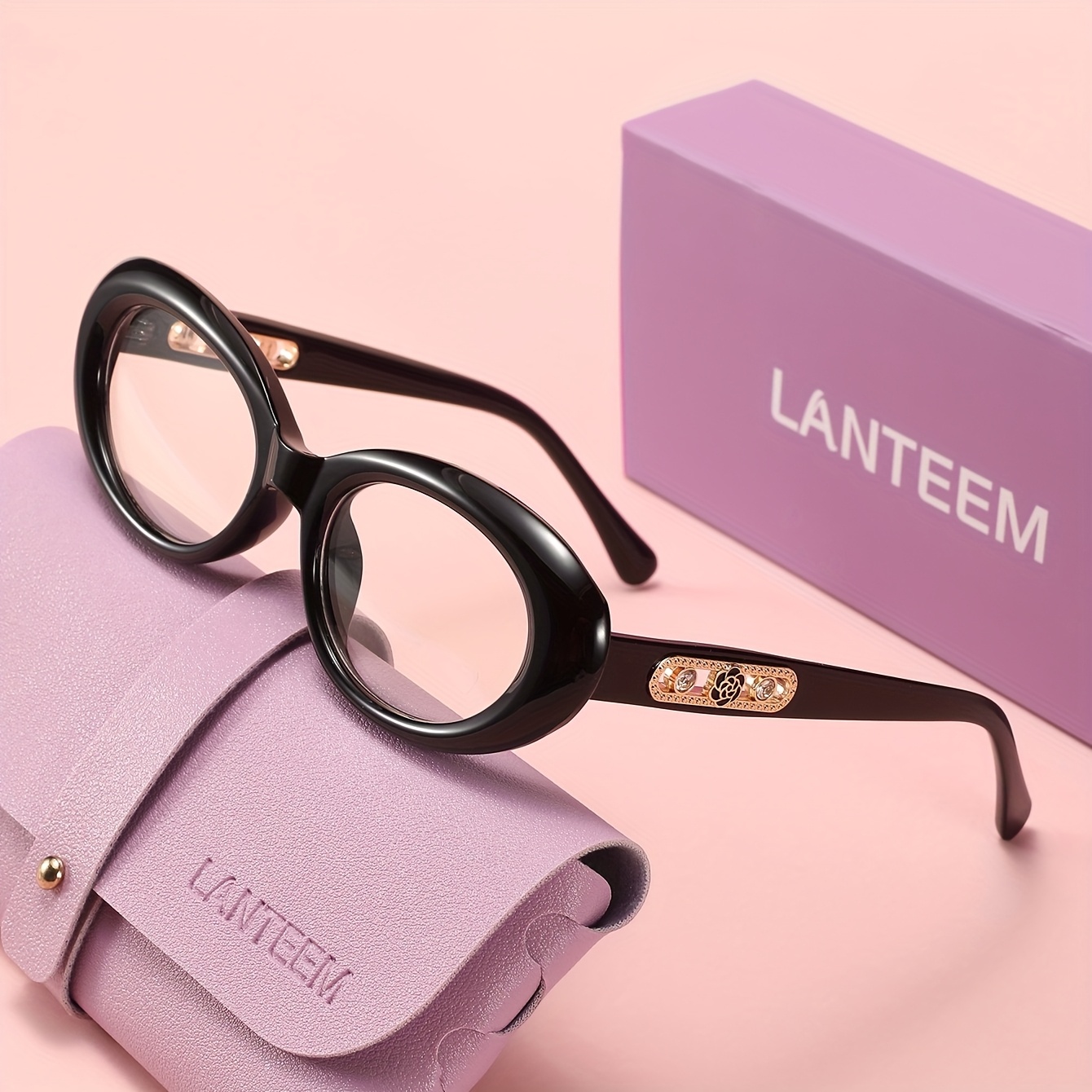 TEMU Lanteem Includes A Free Glasses Case And An Outer Protective Case. A Pair Of High-quality Oval-frame Fashionable Women's Non- Glasses Made From