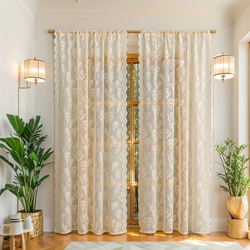 TEMU 2pcs Country Retro Beige Tulip Floral Lace Curtains - Semi- Filtering Privacy, 100% Polyester, Rod Pocket For Living Room, Balcony Partition,