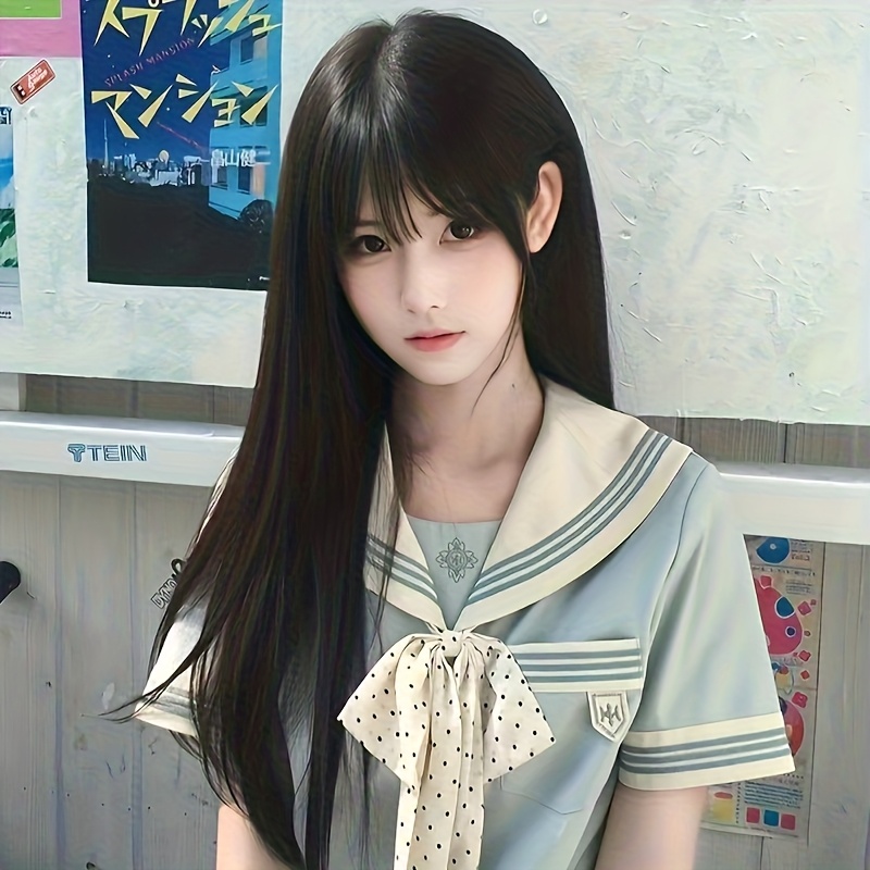unisex daily wig black long straight hair air bangs girl cute natural sweet student round face realistic girl fashion daily party role play use
