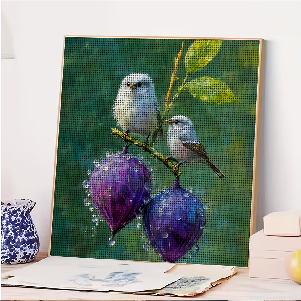 Printed Cross-Stitch DIY Kit, Two Birds Perching on a Purple Fruit Branch