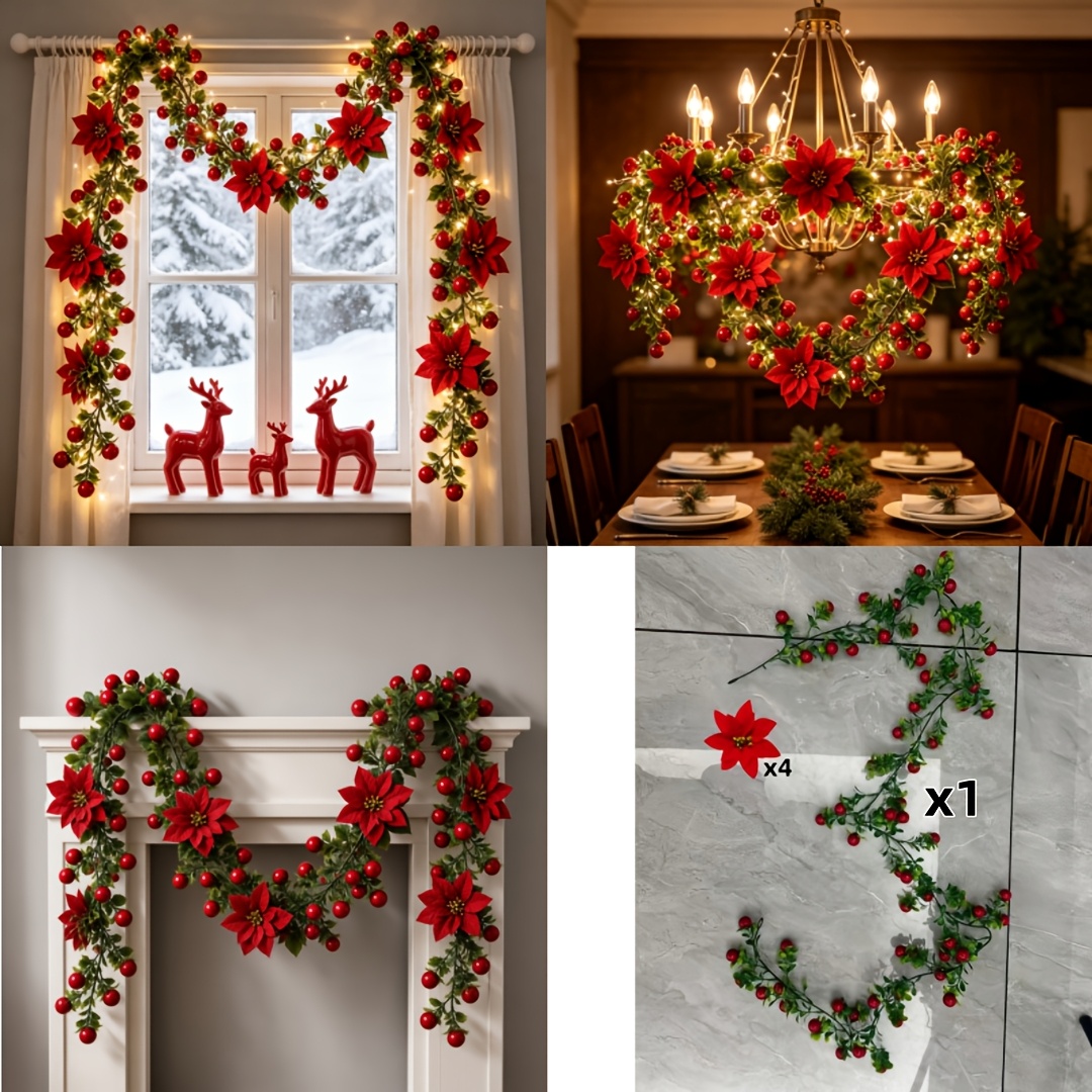 TEMU 1 pièce Lierre de Poinsettia Rouge Artificiel de Noël et de 180 cm - Fleur Fausse Réaliste, pour Utilisation Intérieure, Grande Décoration de