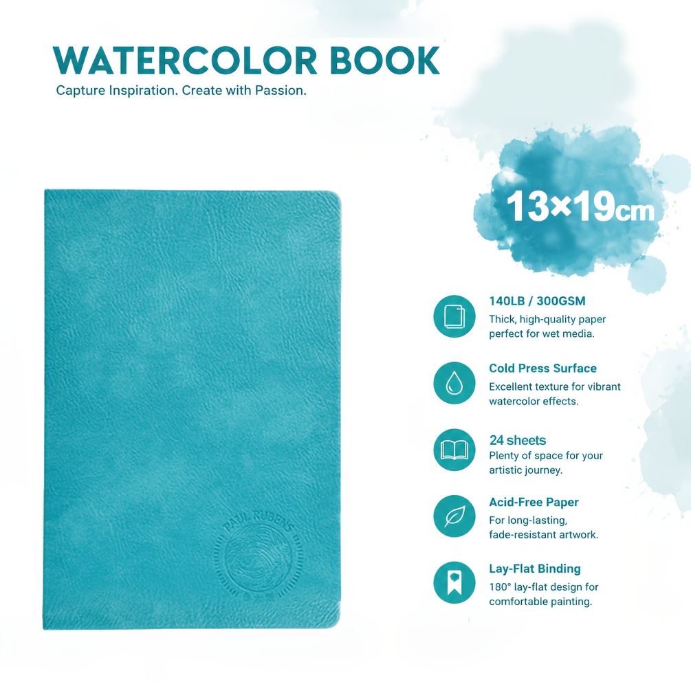 TEMU Iridescent Watercolor Sketchbook, 140gsm (300 Gsm) Hot-pressed Watercolor Paper, 24 Sheets, Waterproof And Wear-resistant Leather Cover Design,