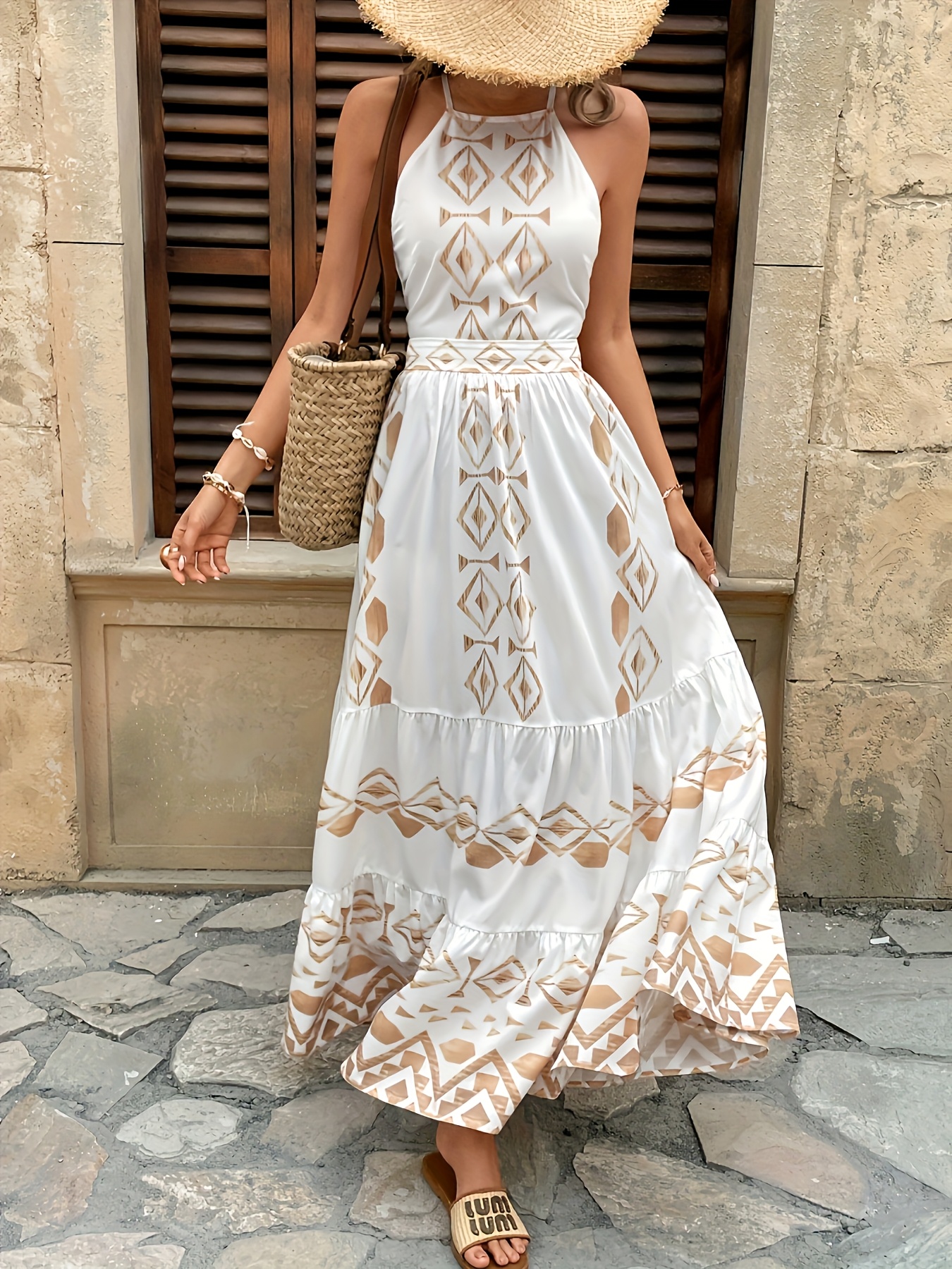 slim fit dress slacks Women's 100% Cotton White and Gold Maxi Summer Dress with Built-in Lining