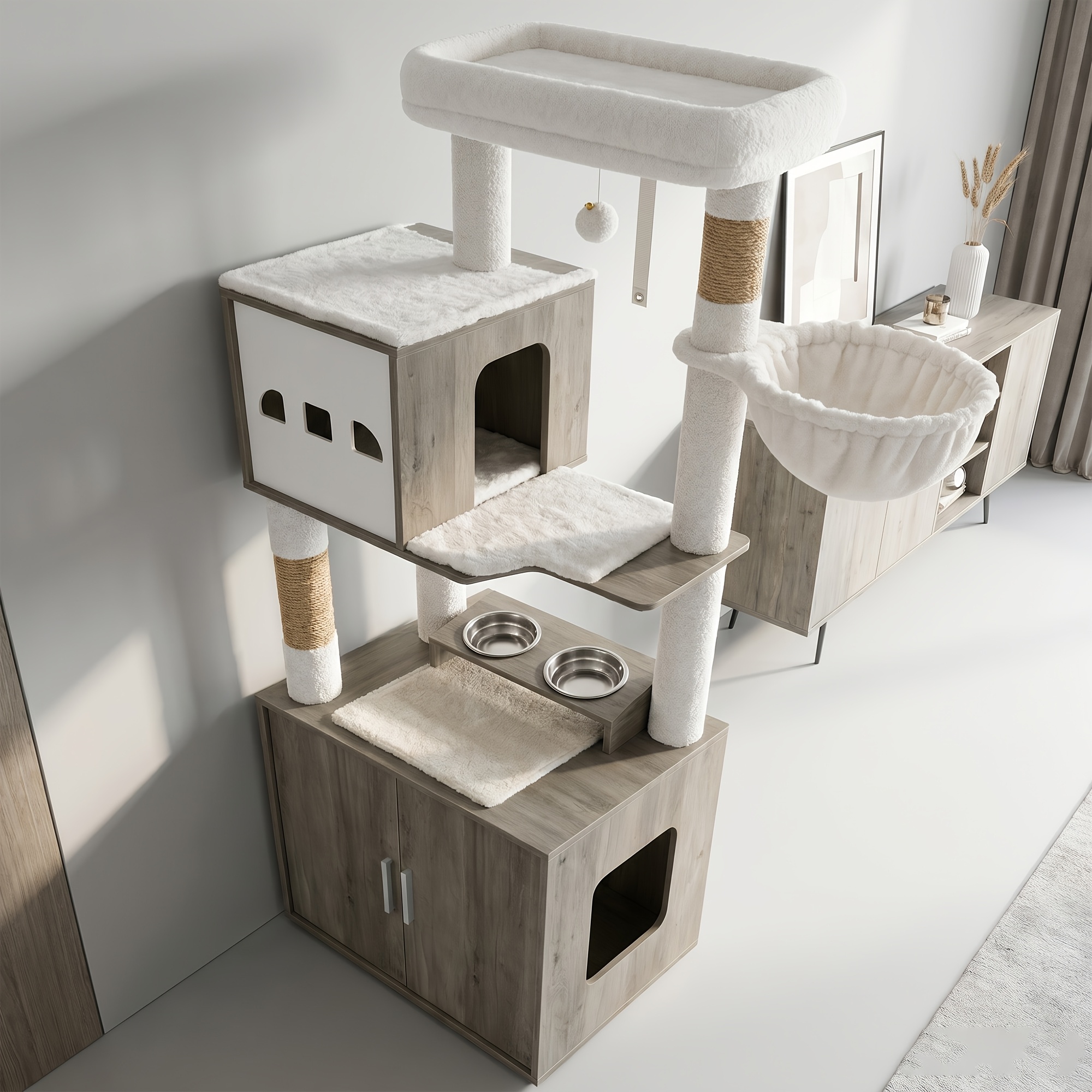 TEMU 150.3cm Four-tier Tall Cat Tree House, White And Brown, With Built-in Enclosed Odor-proof Litter Box, Double 304 Stainless Steel Feeding Bowls,