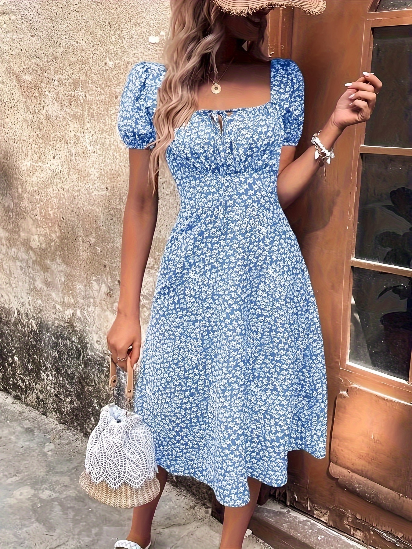blue and white floral dress puff sleeve Millicent: Sky blue spot dress – Little Lord & Lady main image 1